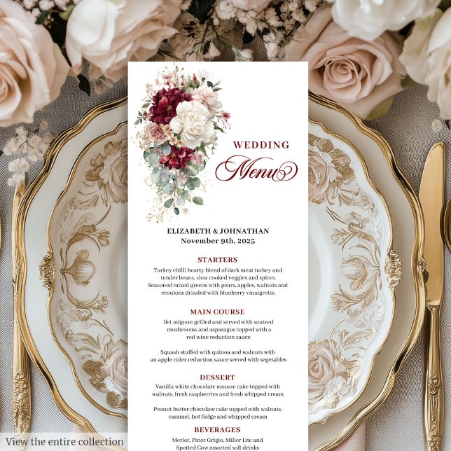 Watercolor Boho Burgundy White Wedding Menu (Watercolor Boho Burgundy White Wedding Menu)
