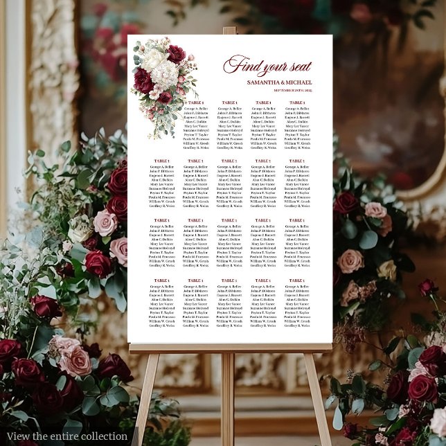 Watercolor Boho Burgundy White Wedding Seating  Poster (Watercolor Boho Burgundy White Wedding Seating Chart)