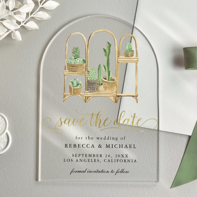 Watercolor Boho Cactus Wedding Save the Date Acrylic Invitations (Creator Uploaded)