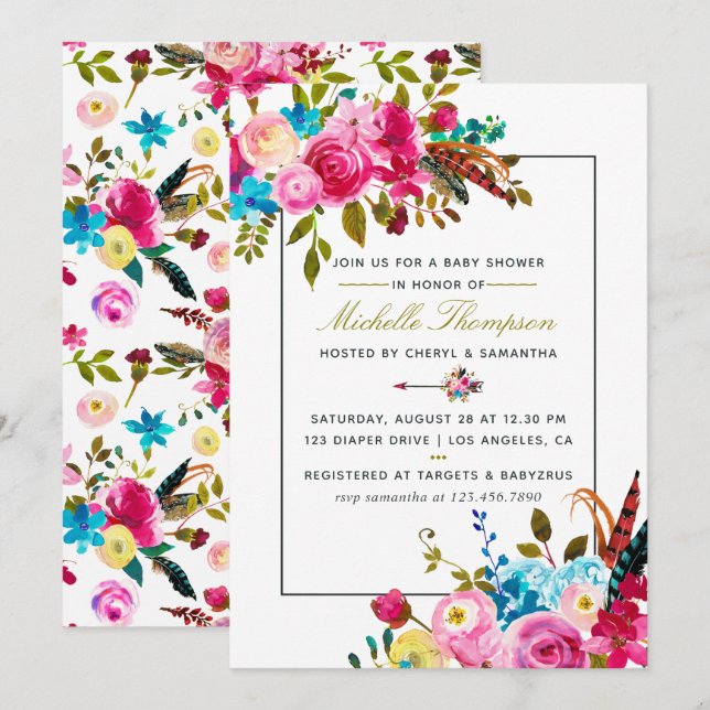 Watercolor Boho Chic Floral Baby Shower invitation (Front/Back)