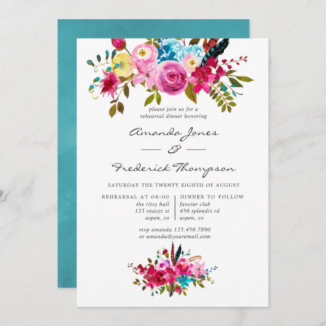 Watercolor Boho Chic Floral Rehearsal Dinner Invitation (Front/Back)