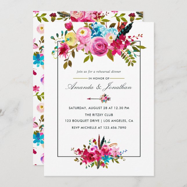 Watercolor Boho Chic Floral Rehearsal Dinner Invitation (Front/Back)
