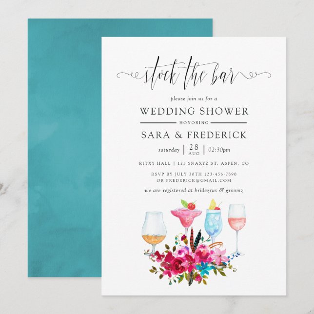 Watercolor Boho Chic Floral Stock the Bar Invitation (Front/Back)