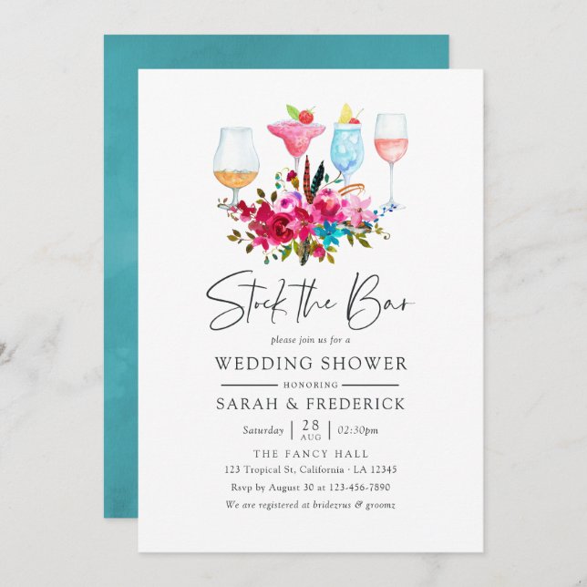 Watercolor Boho Chic Floral Stock the Bar Invitation (Front/Back)