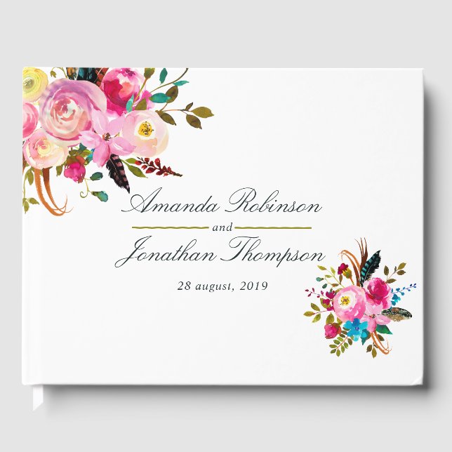 Watercolor Boho Chic Floral Wedding Guest Book (Front)