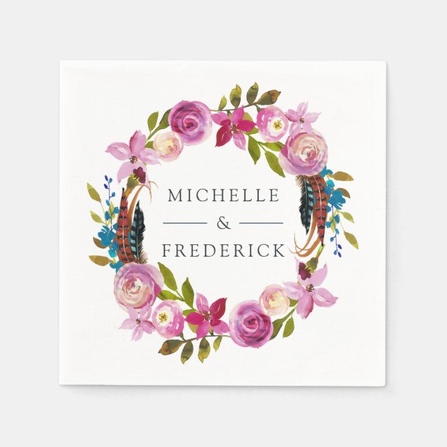 Watercolor Boho Chic Floral Wedding Napkin (Front)