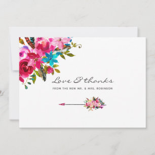 Watercolor Boho Chic Floral Wedding Thank You Card