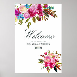 Watercolor Boho Chic Floral Wedding Welcome Poster