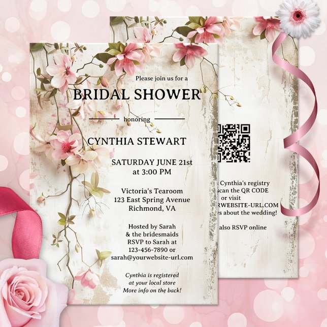 Watercolor Boho Chic Pink Floral Bridal Shower Invitation (Boho chic bridal shower invitation showing watercolor pink flowers on a rustic background - QR code)