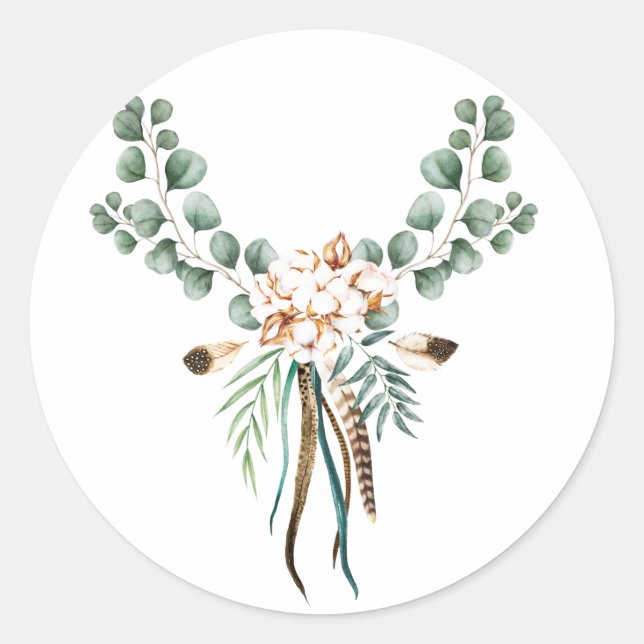 Watercolor Boho Cotton and Eucalyptus Boho Classic Round Sticker (Front)