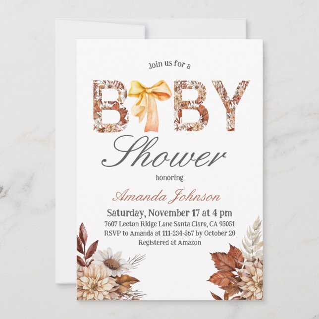 Watercolor Boho Fall Floral Bow Baby Shower Invitation (Front)