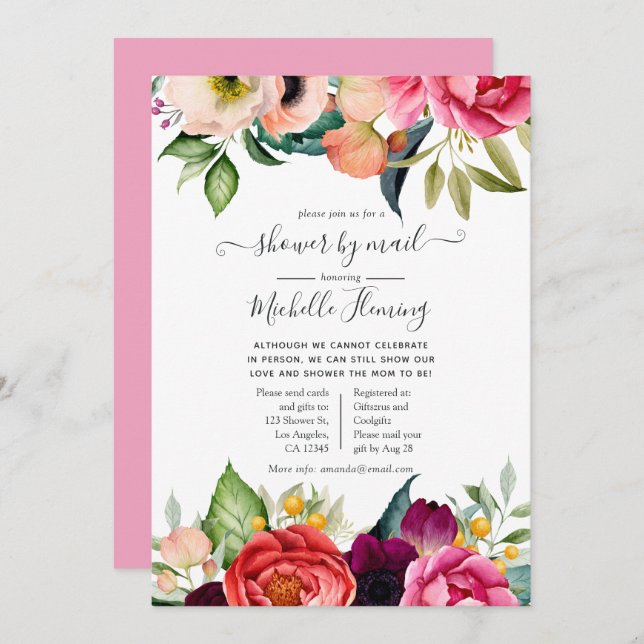 Watercolor Boho Floral Baby Shower by Mail Invitation (Front/Back)