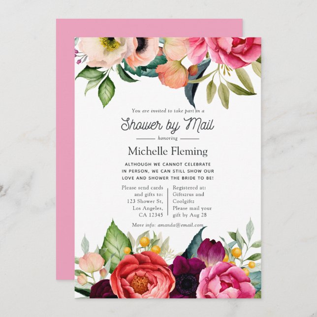 Watercolor Boho Floral Bridal Shower by Mail Invitation (Front/Back)