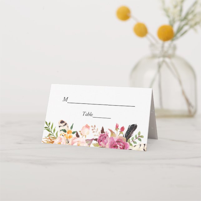 Watercolor Boho Floral Feather Wedding Table Place Card (Front)