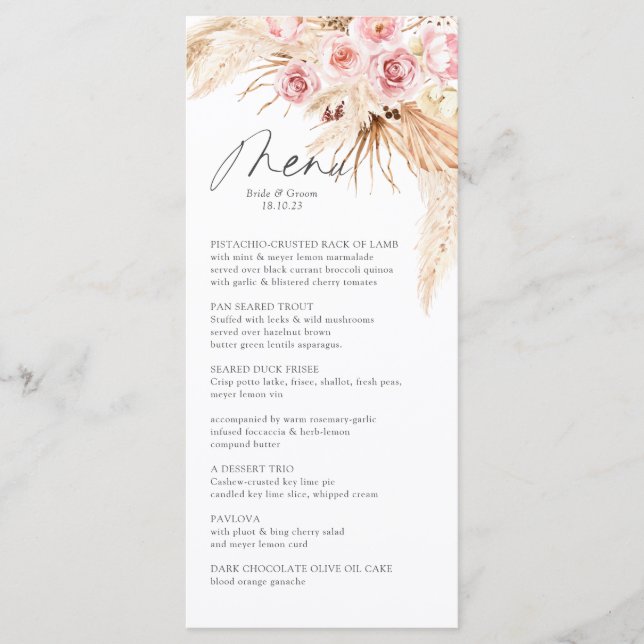 Watercolor Boho Floral Pampas Gras Wedding Dinner Menu (Front)
