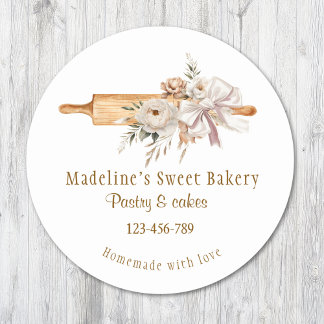 Watercolor Boho Floral Rolling Pin Bakery Classic Round Sticker