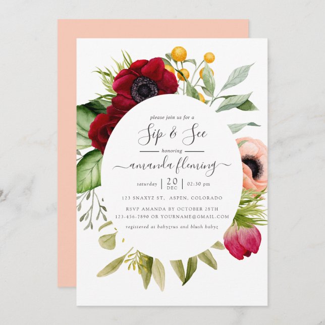 Watercolor Boho Floral Sip and See Invitation (Front/Back)