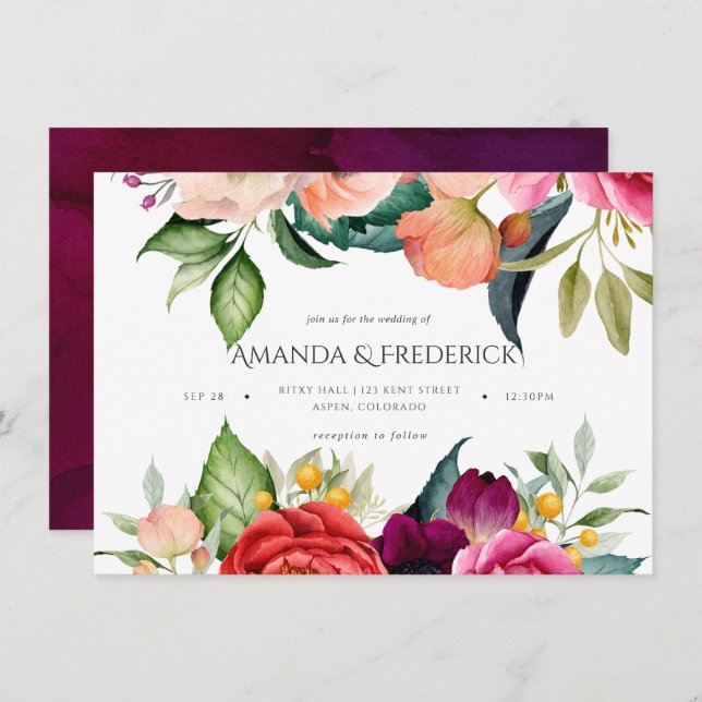 Watercolor Boho Floral Wedding Invitation (Front/Back)