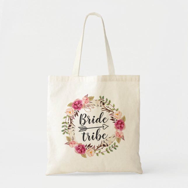 Watercolor Boho Floral Wreath Bride Tribe Tote Bag (Front)