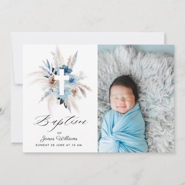 watercolor boho florals Baptism photo invitation (Front)