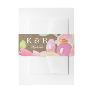 Watercolor Boho Flowers & Burlap Monogram Date Invitation Belly Band