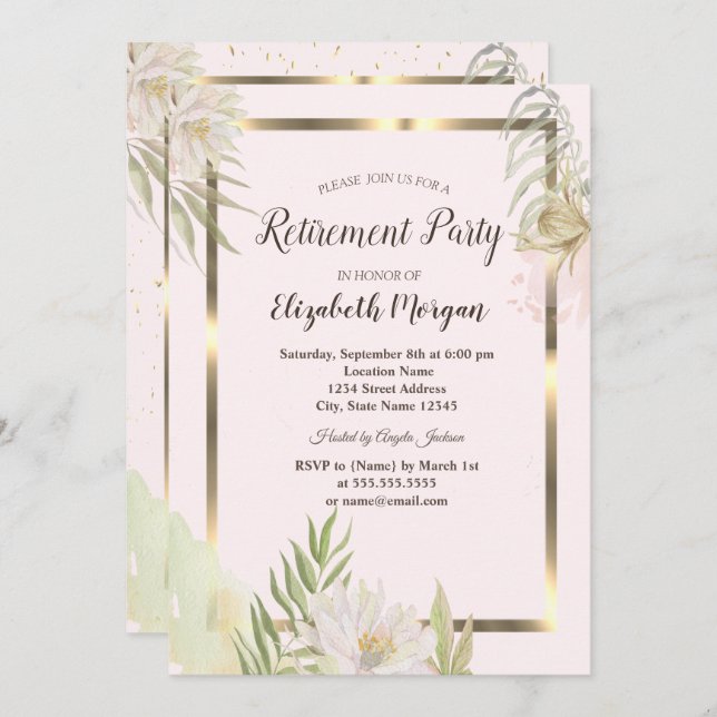 Watercolor Boho Flowers Gold Frame Retirement  Invitation (Front/Back)