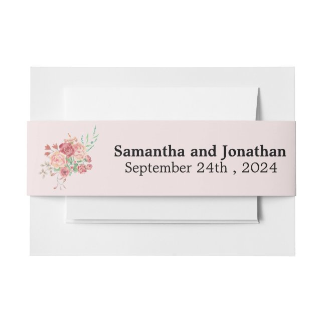 Watercolor Boho Flowers Pink Wedding Invitation Belly Band (Front Example)
