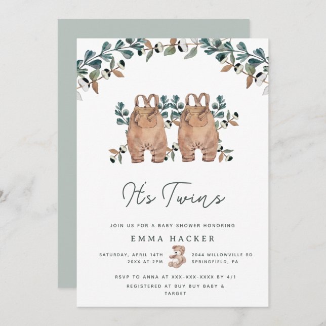 Watercolor Boho Gender Neutral Twins Shower Invitation (Front/Back)
