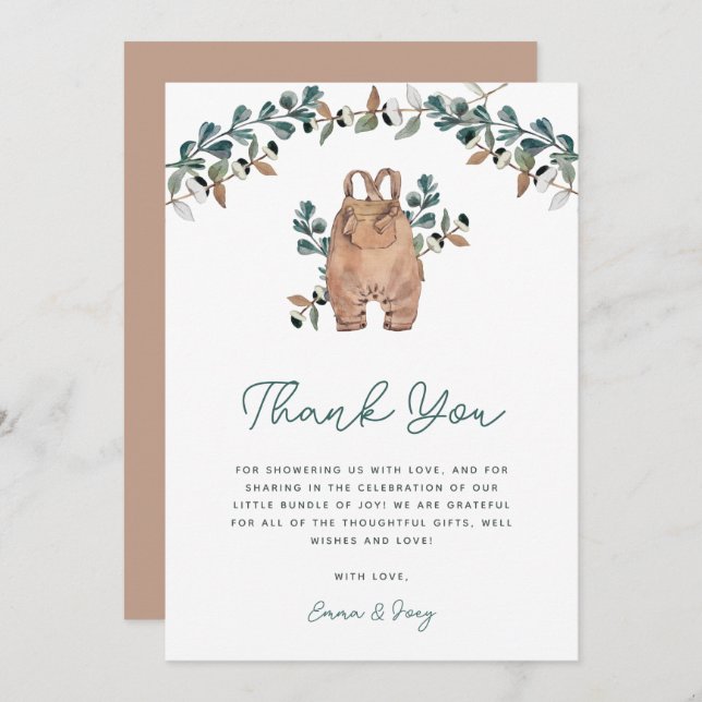 Watercolor Boho Greenery Baby Shower   Thank You Card (Front/Back)