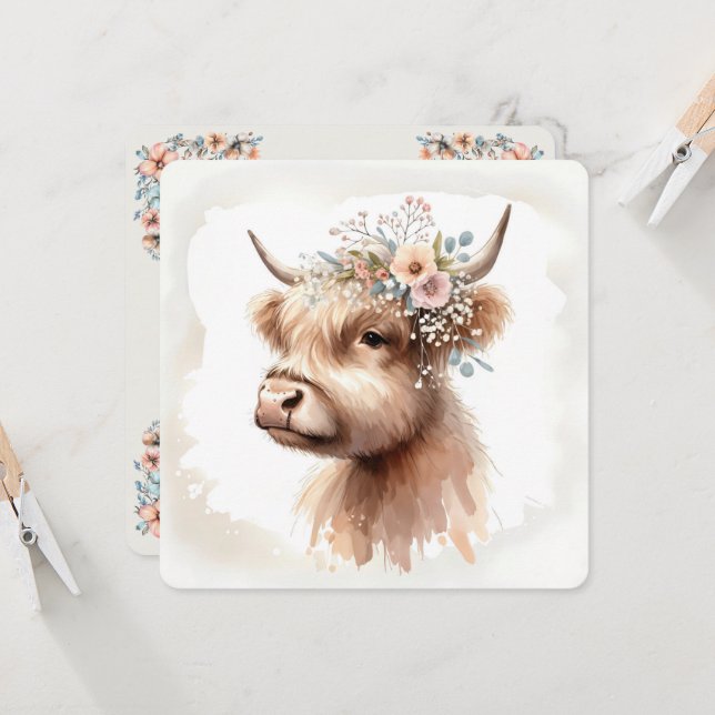 Watercolor Boho Highland Cow With Bridal Flowers Invitation (Front/Back In Situ)