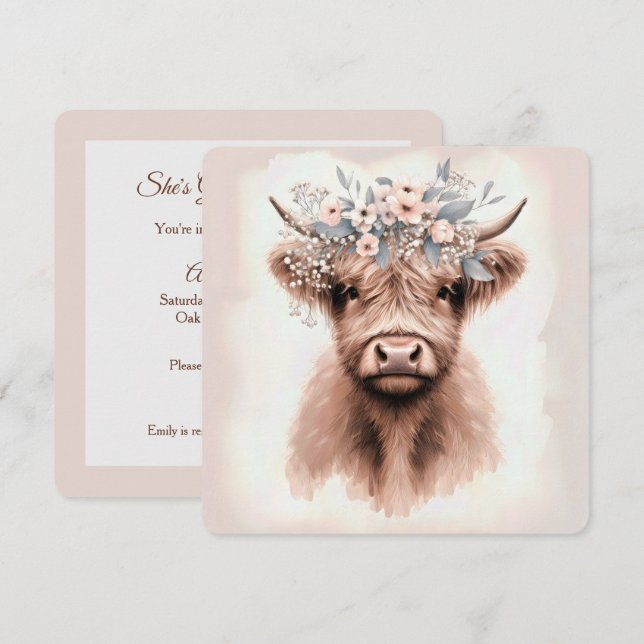 Watercolor Boho Highland Cow With Bridal Headpiece Invitation (Front/Back)