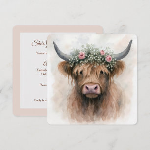 Watercolor Boho Highland Cow With Bridal Headpiece Invitation