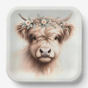 Watercolor Boho Highland Cow With Bridal Headpiece Paper Plate