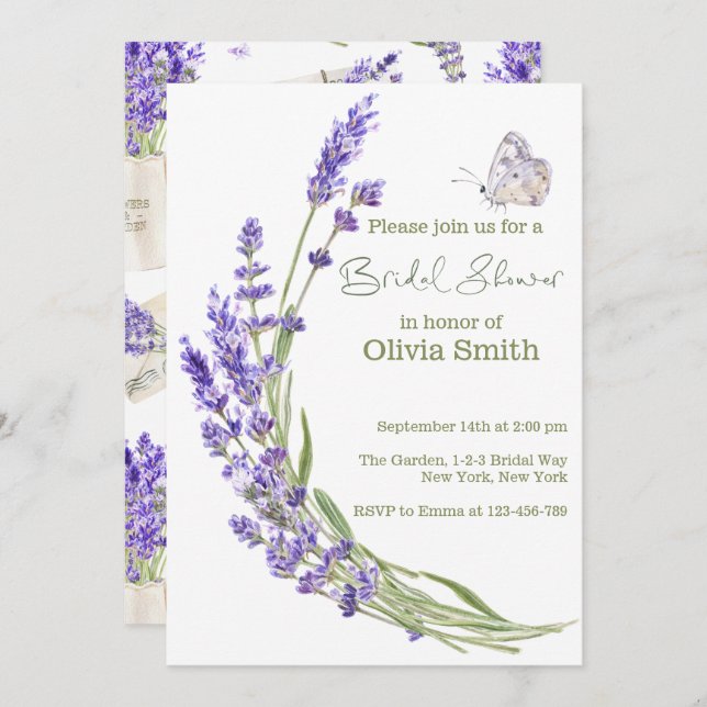Watercolor Boho Lavender Bridal Shower Invitation (Front/Back)