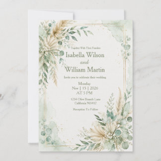 Watercolor Boho Mint Green Wedding Invitation