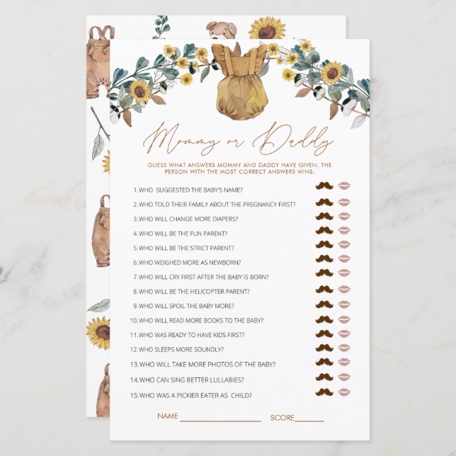 Watercolor Boho Mummy or Daddy Baby Shower Game (Front/Back)