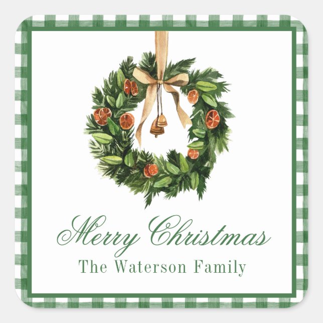 Watercolor Boho Orange Slice Wreath Christmas Square Sticker (Front)