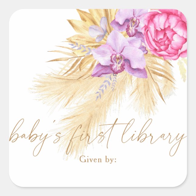 Watercolor boho pampas grass, Baby's first library Square Sticker (Front)