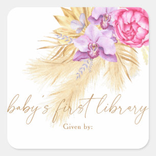 Watercolor boho pampas grass, Baby's first library Square Sticker