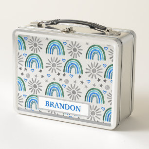 Watercolor Boho Pastel Blue Boy Name Rainbow Metal Lunch Box