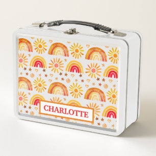 Watercolor Boho Pastel Orange Girl Sun Rainbow Metal Lunch Box