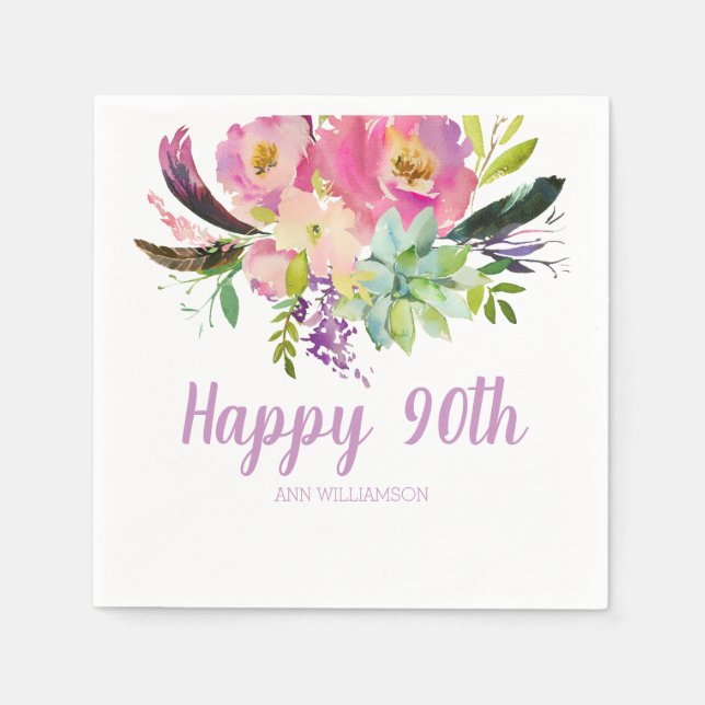 Watercolor Boho Pink and Purple Floral Birthday Napkin (Front)