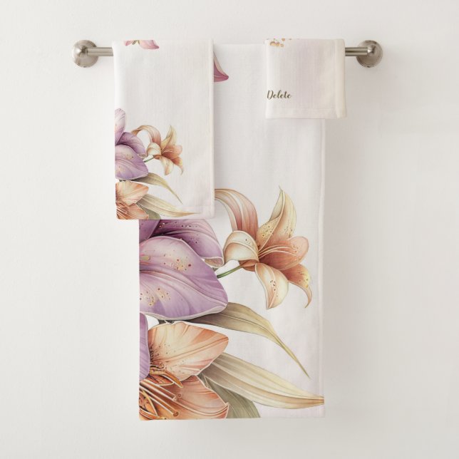 Watercolor Boho Pink Flowers Elegant Stylish Bath Towel Set (Insitu)