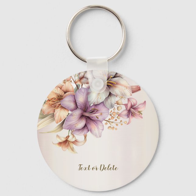 Watercolor Boho Pink Flowers Elegant Stylish Key Ring (Front)
