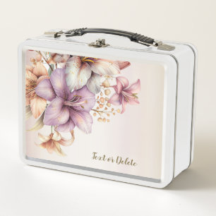 Watercolor Boho Pink Flowers Elegant Stylish Metal Lunch Box