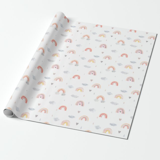 Watercolor Boho Pink Rainbow and Clouds Wrapping Paper (Unrolled)