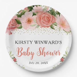 Watercolor Boho Pink Roses Boho Baby Shower Paper Plate