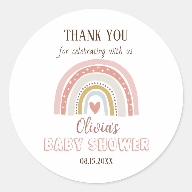 Watercolor Boho Rainbow Baby Shower Classic Round Sticker (Front)