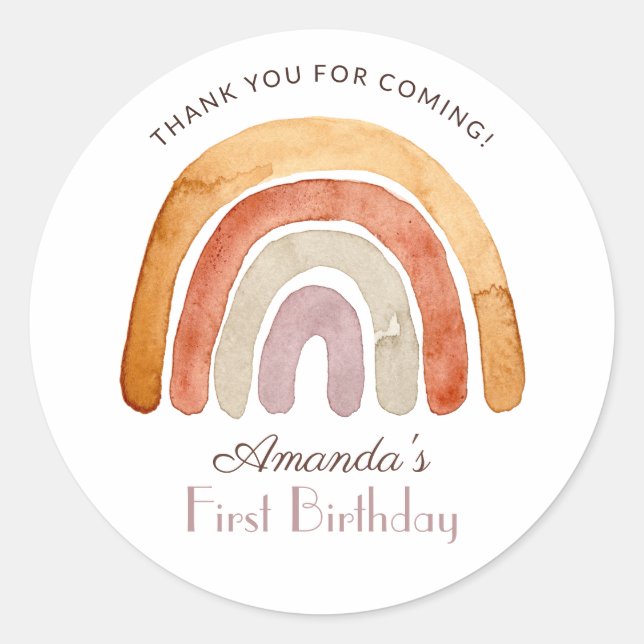 Watercolor Boho Rainbow First Birthday  Classic Round Sticker (Front)