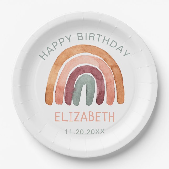 Watercolor Boho Rainbow Happy Birthday Paper Plate (Front)